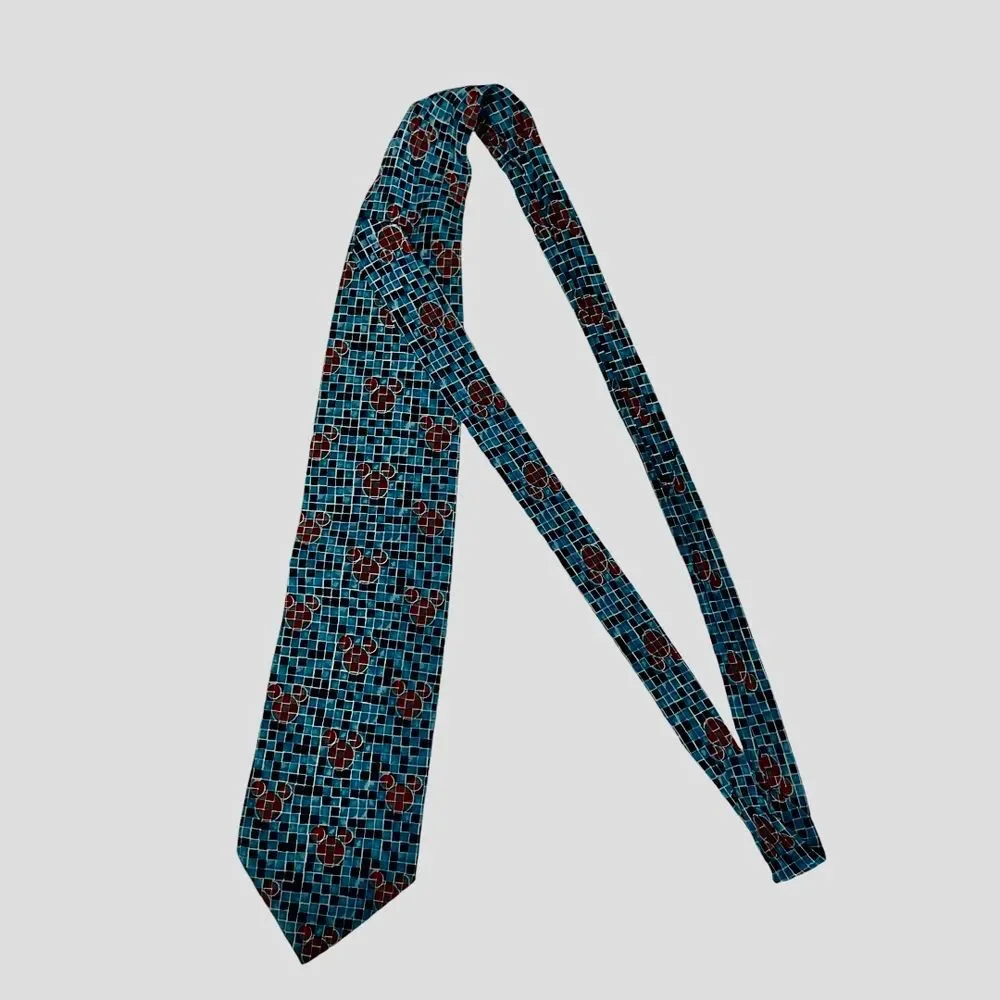 Disney Mickey‎ Mouse Mosaic Pattern Tie in Turquoise Blue and Burgundy